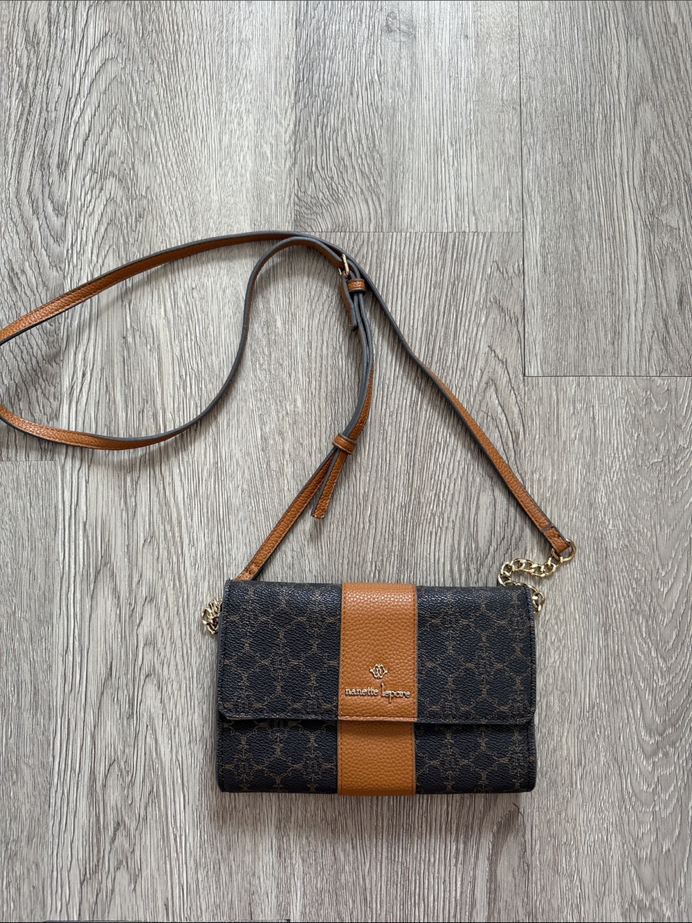 Nanette Lepore Brown and Tan Logo Crossbody with Gold Chain